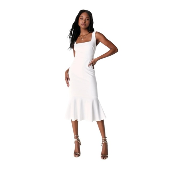 NEW Lulu Moment Maker White Square Neck Trumpet Midi Dress Medium #1578 - Picture 1 of 8
